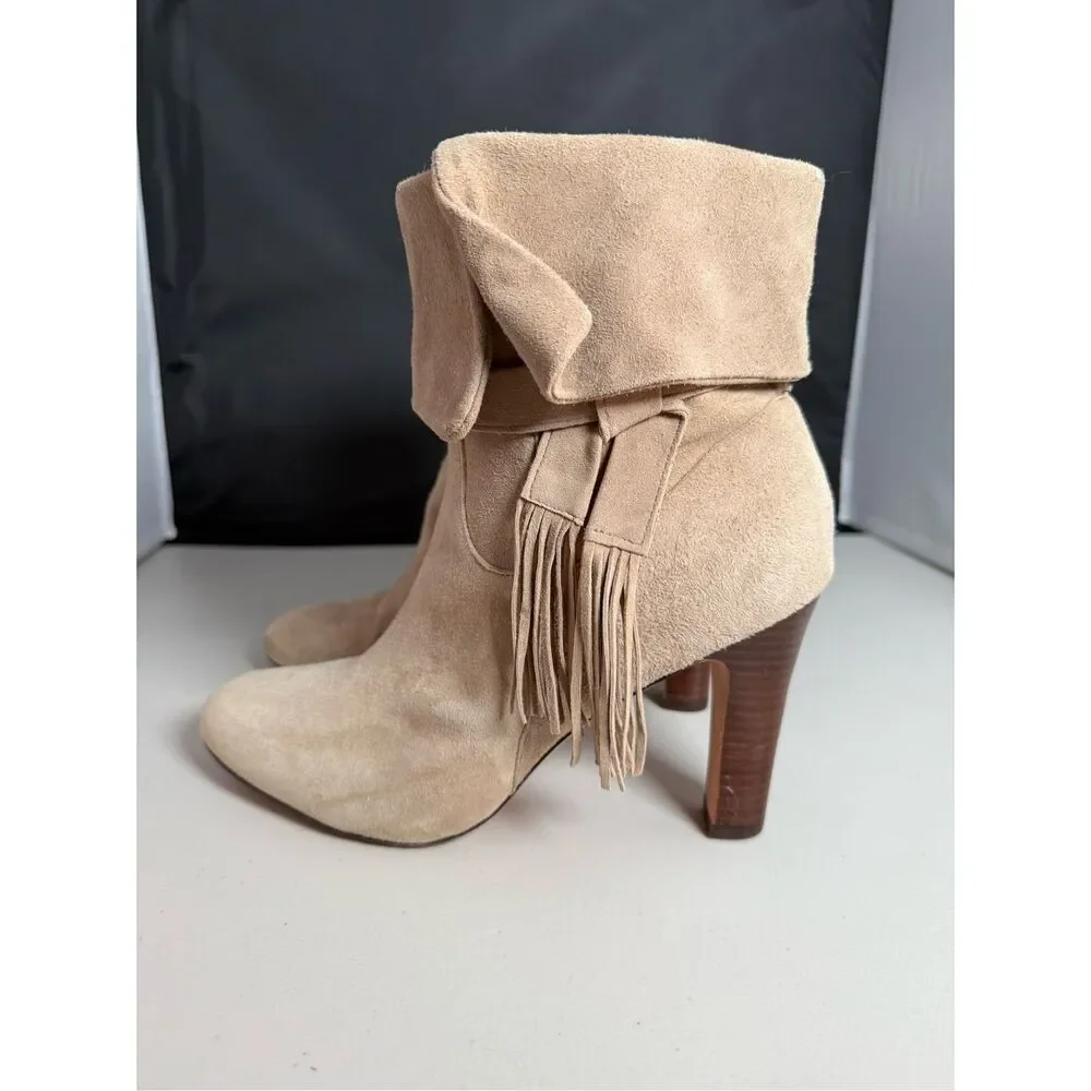 Johnston & Murphy Keaton Suede Leather Fringe Cuff‎ Heeled Boots Womens 10M Tan